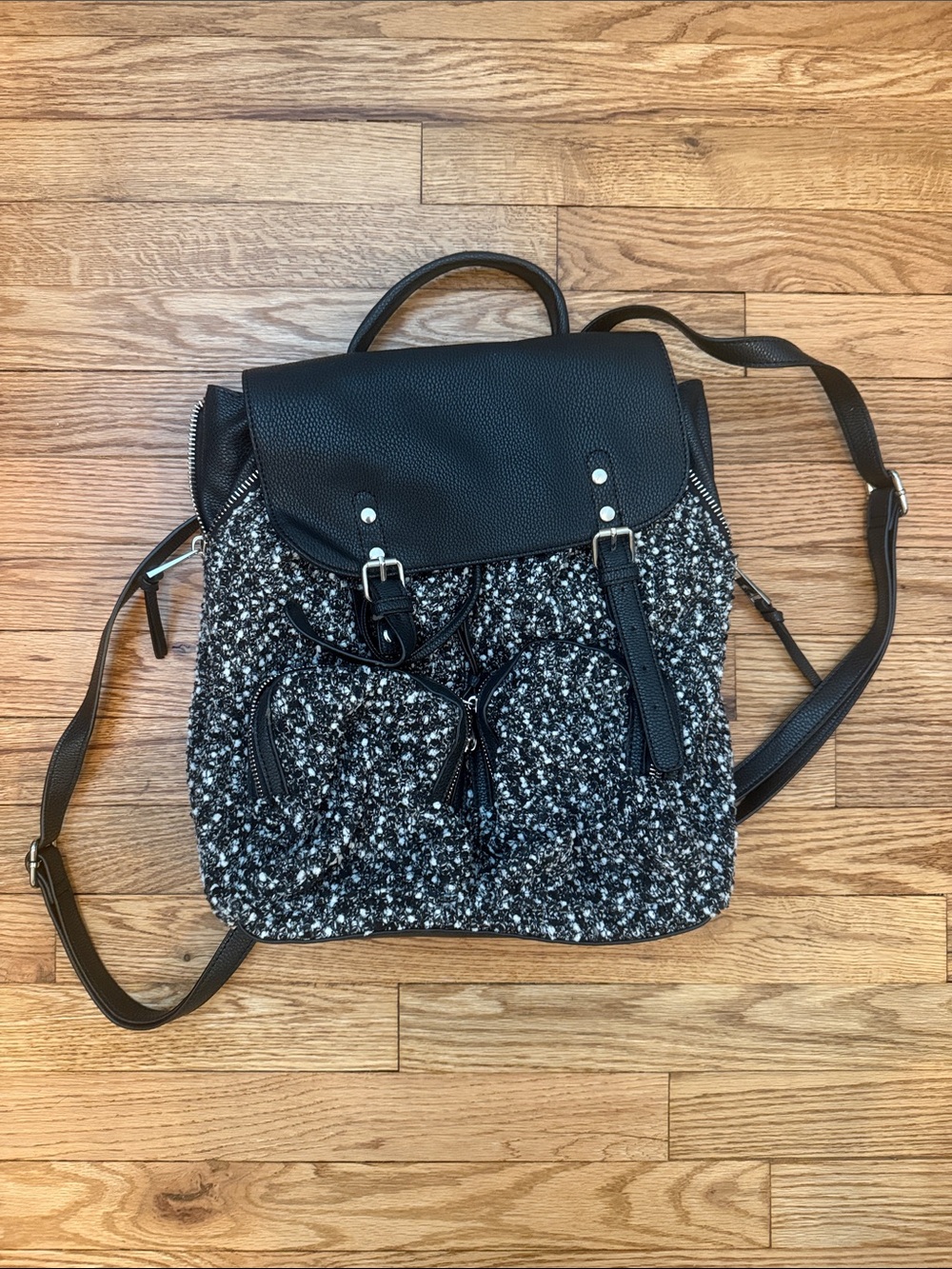 JustFab Black Tweed Backpack with Black Trim